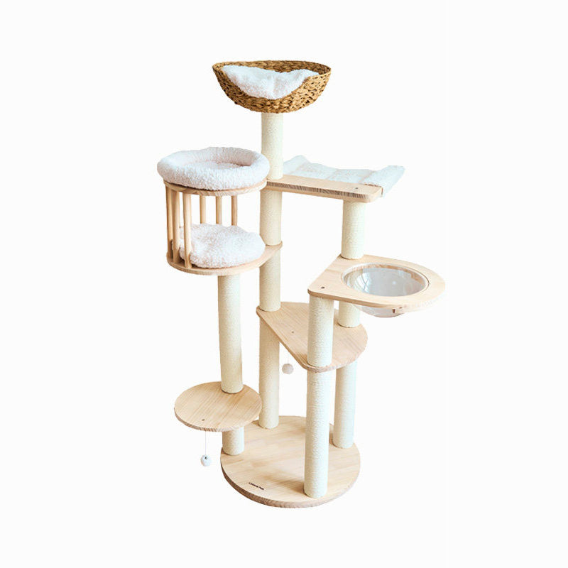 Contemporary Scandinavian Round Solid Pine Wood Faux Rattan Velvet Fabric Kraft Paper Rope Cat Tree 5-Tier For Living Room