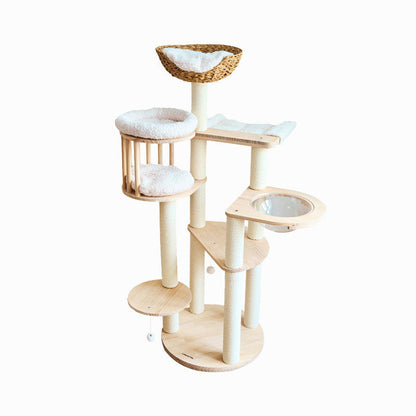 Contemporary Scandinavian Round Solid Pine Wood Faux Rattan Velvet Fabric Kraft Paper Rope Cat Tree 5-Tier For Living Room
