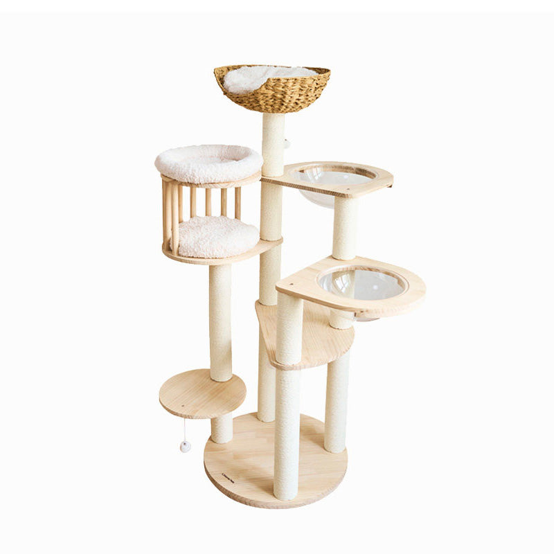 Contemporary Scandinavian Round Solid Pine Wood Faux Rattan Velvet Fabric Kraft Paper Rope Cat Tree 5-Tier For Living Room