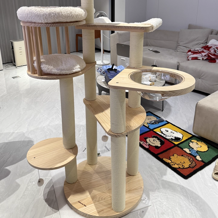 Contemporary Scandinavian Round Solid Pine Wood Faux Rattan Velvet Fabric Kraft Paper Rope Cat Tree 5-Tier For Living Room