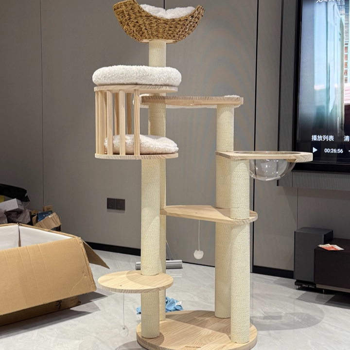 Contemporary Scandinavian Round Solid Pine Wood Faux Rattan Velvet Fabric Kraft Paper Rope Cat Tree 5-Tier For Living Room