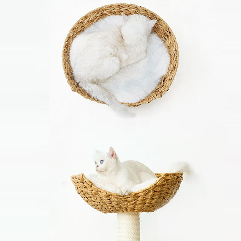 Contemporary Scandinavian Round Solid Pine Wood Faux Rattan Velvet Fabric Kraft Paper Rope Cat Tree 5-Tier For Living Room