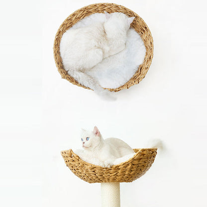 Contemporary Scandinavian Round Solid Pine Wood Faux Rattan Velvet Fabric Kraft Paper Rope Cat Tree 5-Tier For Living Room
