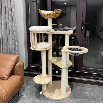 Contemporary Scandinavian Round Solid Pine Wood Faux Rattan Velvet Fabric Kraft Paper Rope Cat Tree 5-Tier For Living Room