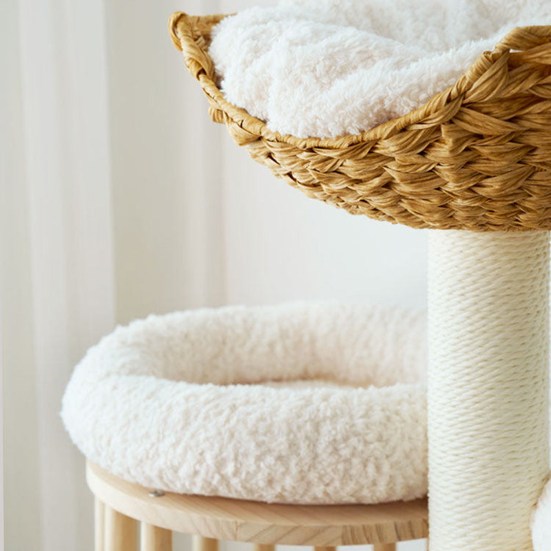 Contemporary Scandinavian Round Solid Pine Wood Faux Rattan Velvet Fabric Kraft Paper Rope Cat Tree 5-Tier For Living Room