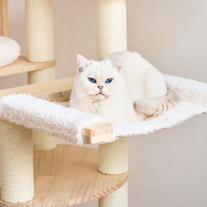 Contemporary Scandinavian Round Solid Pine Wood Faux Rattan Velvet Fabric Kraft Paper Rope Cat Tree 5-Tier For Living Room