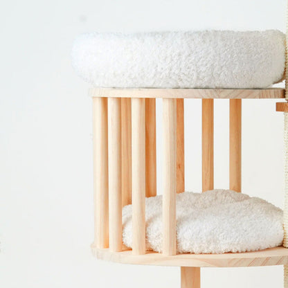 Contemporary Scandinavian Round Solid Pine Wood Faux Rattan Velvet Fabric Kraft Paper Rope Cat Tree 5-Tier For Living Room