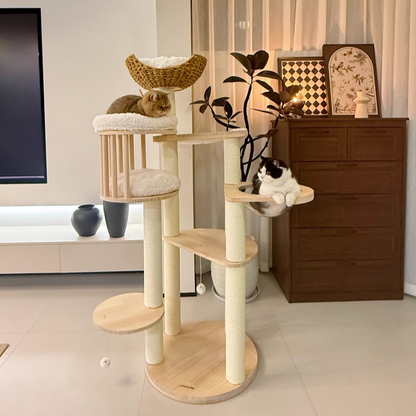 Contemporary Scandinavian Round Solid Pine Wood Faux Rattan Velvet Fabric Kraft Paper Rope Cat Tree 5-Tier For Living Room