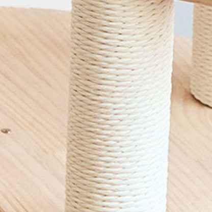 Contemporary Scandinavian Round Solid Pine Wood Faux Rattan Velvet Fabric Kraft Paper Rope Cat Tree 5-Tier For Living Room