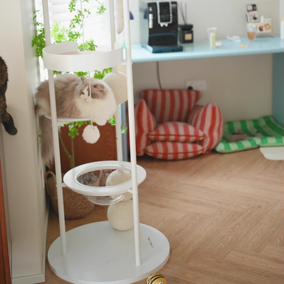 Contemporary Scandinavian Round Solid Pine Wood Medium-Density Fiberboard Iron Sisal Acrylic Cat Tree 5-Tier For Living Room