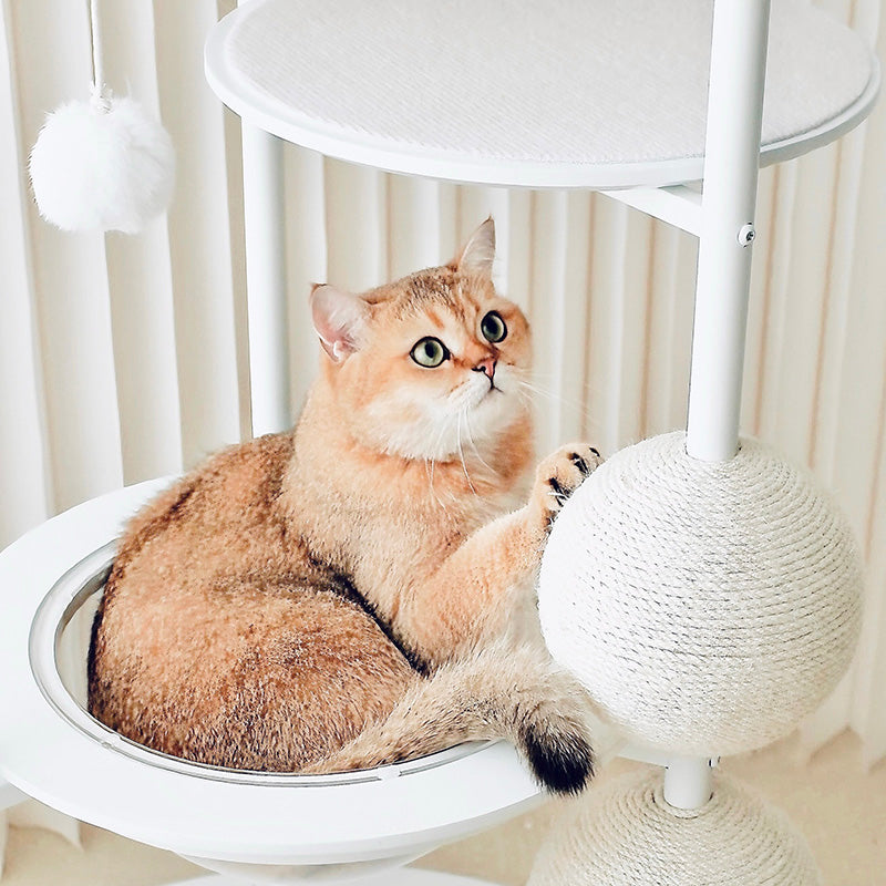 Contemporary Scandinavian Round Solid Pine Wood Medium-Density Fiberboard Iron Sisal Acrylic Cat Tree 5-Tier For Living Room