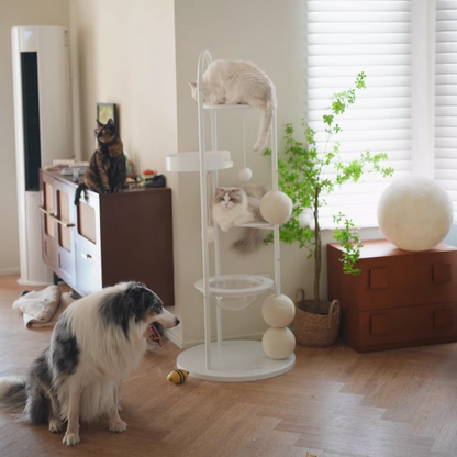 Contemporary Scandinavian Round Solid Pine Wood Medium-Density Fiberboard Iron Sisal Acrylic Cat Tree 5-Tier For Living Room