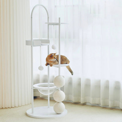 Contemporary Scandinavian Round Solid Pine Wood Medium-Density Fiberboard Iron Sisal Acrylic Cat Tree 5-Tier For Living Room