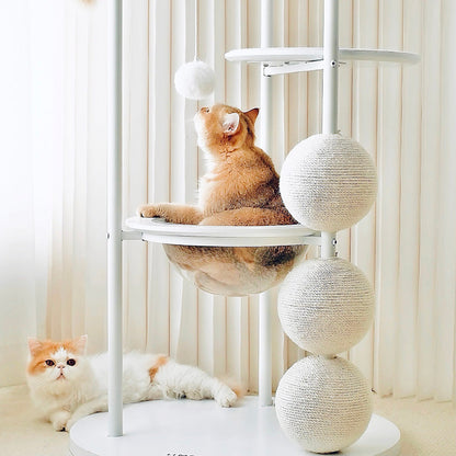 Contemporary Scandinavian Round Solid Pine Wood Medium-Density Fiberboard Iron Sisal Acrylic Cat Tree 5-Tier For Living Room