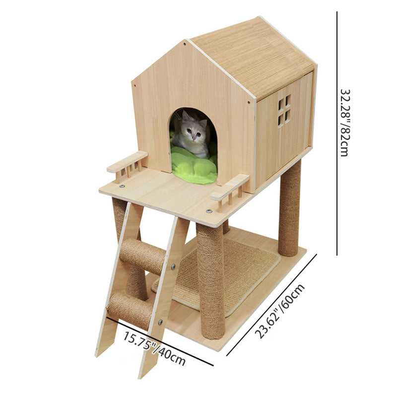 Contemporary Scandinavian Rectangular Multi-Layer Solid Wood Panel Hemp Rope Cat Tree 2-Tier For Living Room