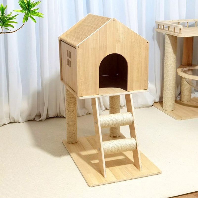 Contemporary Scandinavian Rectangular Multi-Layer Solid Wood Panel Hemp Rope Cat Tree 2-Tier For Living Room