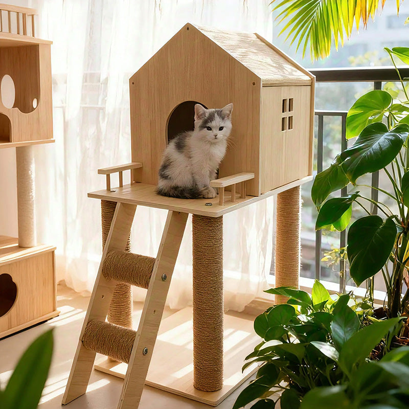 Contemporary Scandinavian Rectangular Multi-Layer Solid Wood Panel Hemp Rope Cat Tree 2-Tier For Living Room