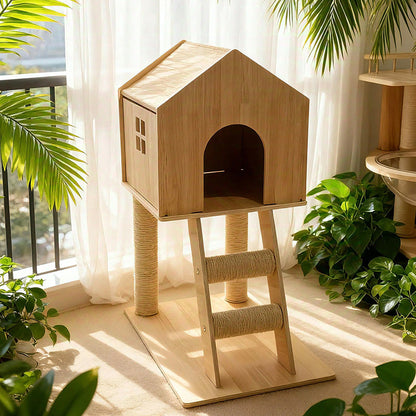 Contemporary Scandinavian Rectangular Multi-Layer Solid Wood Panel Hemp Rope Cat Tree 2-Tier For Living Room
