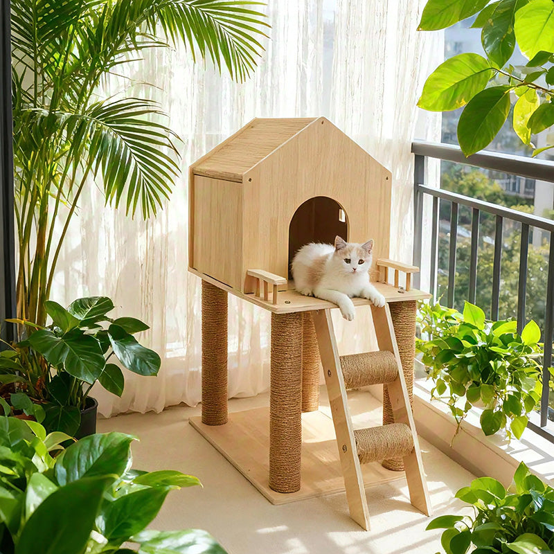 Contemporary Scandinavian Rectangular Multi-Layer Solid Wood Panel Hemp Rope Cat Tree 2-Tier For Living Room