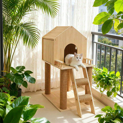 Contemporary Scandinavian Rectangular Multi-Layer Solid Wood Panel Hemp Rope Cat Tree 2-Tier For Living Room
