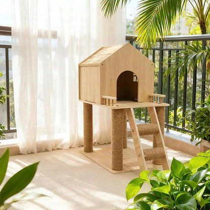 Contemporary Scandinavian Rectangular Multi-Layer Solid Wood Panel Hemp Rope Cat Tree 2-Tier For Living Room