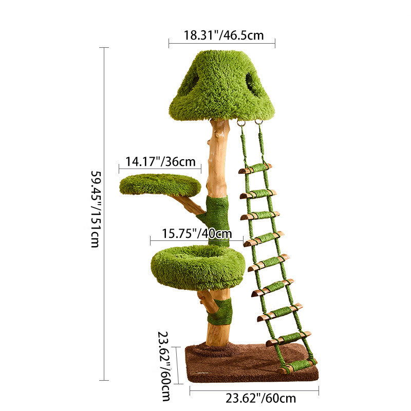 Contemporary Creative Round Particleboard Natural Fruitwood Sisal Velvet Fabric Cat Tree 4-Tier For Living Room
