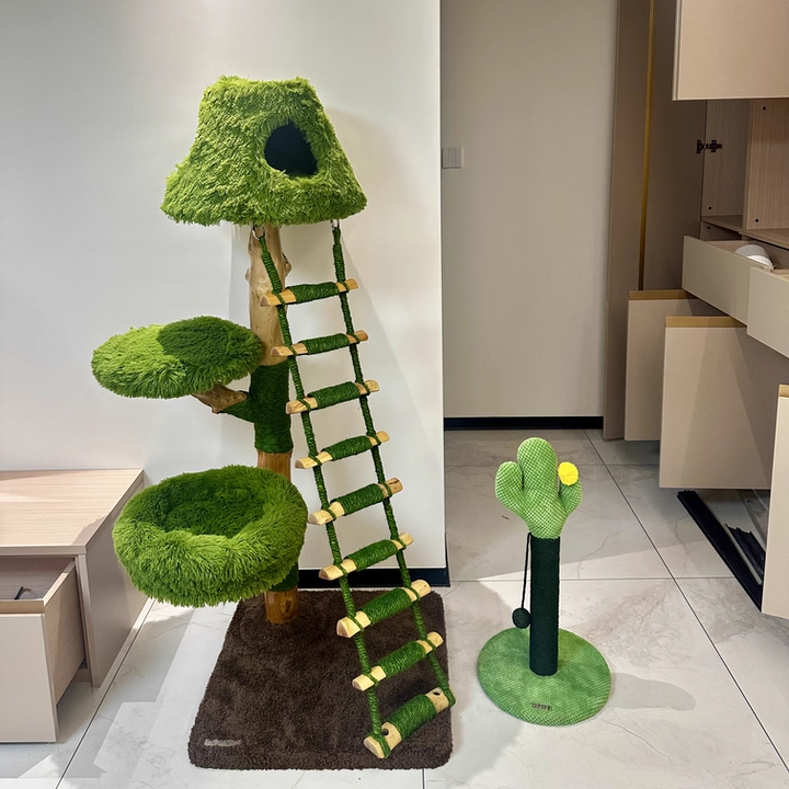 Contemporary Creative Round Particleboard Natural Fruitwood Sisal Velvet Fabric Cat Tree 4-Tier For Living Room
