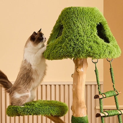 Contemporary Creative Round Particleboard Natural Fruitwood Sisal Velvet Fabric Cat Tree 4-Tier For Living Room
