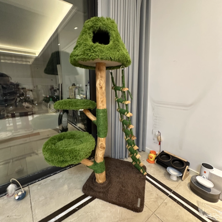 Contemporary Creative Round Particleboard Natural Fruitwood Sisal Velvet Fabric Cat Tree 4-Tier For Living Room