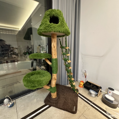 Contemporary Creative Round Particleboard Natural Fruitwood Sisal Velvet Fabric Cat Tree 4-Tier For Living Room