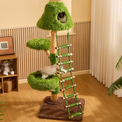 Contemporary Creative Round Particleboard Natural Fruitwood Sisal Velvet Fabric Cat Tree 4-Tier For Living Room