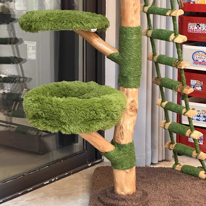 Contemporary Creative Round Particleboard Natural Fruitwood Sisal Velvet Fabric Cat Tree 4-Tier For Living Room