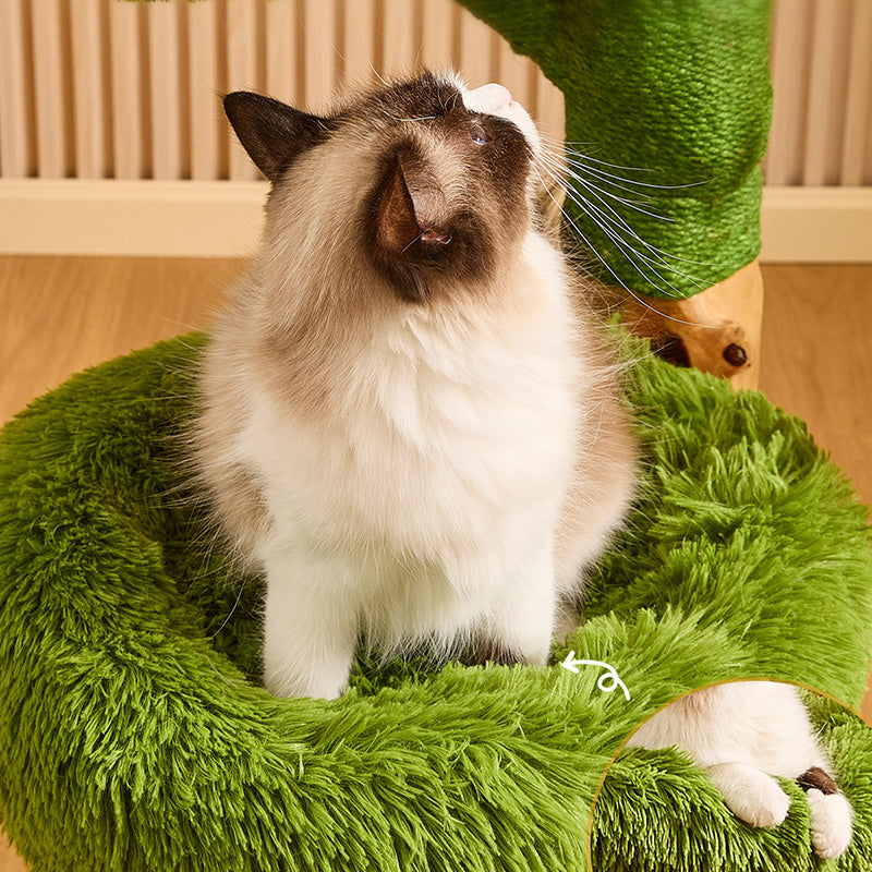 Contemporary Creative Round Particleboard Natural Fruitwood Sisal Velvet Fabric Cat Tree 4-Tier For Living Room