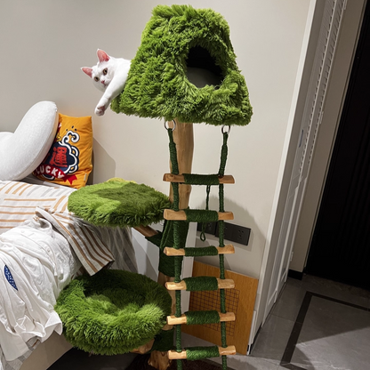 Contemporary Creative Round Particleboard Natural Fruitwood Sisal Velvet Fabric Cat Tree 4-Tier For Living Room
