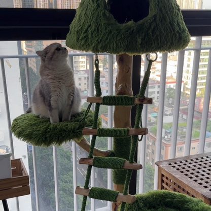 Contemporary Creative Round Particleboard Natural Fruitwood Sisal Velvet Fabric Cat Tree 4-Tier For Living Room