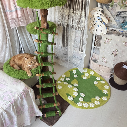 Contemporary Creative Round Particleboard Natural Fruitwood Sisal Velvet Fabric Cat Tree 4-Tier For Living Room