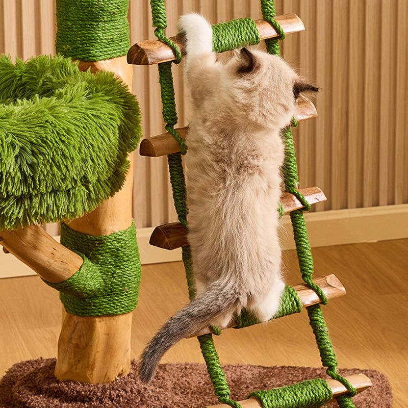 Contemporary Creative Round Particleboard Natural Fruitwood Sisal Velvet Fabric Cat Tree 4-Tier For Living Room