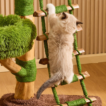 Contemporary Creative Round Particleboard Natural Fruitwood Sisal Velvet Fabric Cat Tree 4-Tier For Living Room