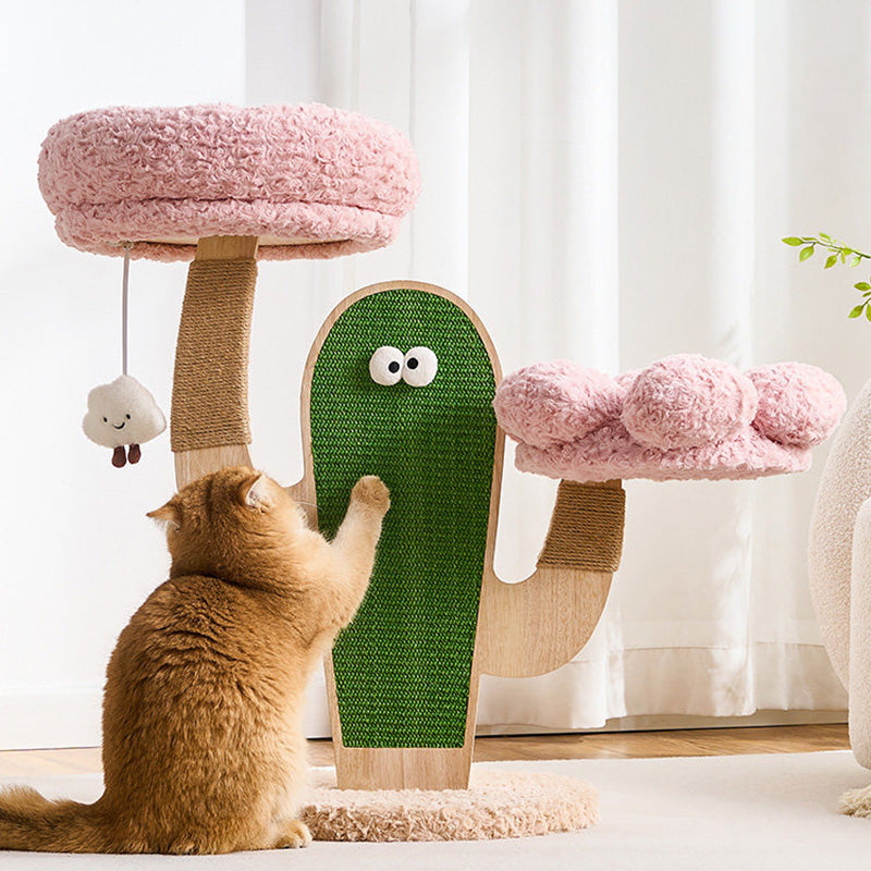 Contemporary Creative Round Multi-Layer Solid Wood Panel Medium-Density Fiberboard Sisal Hemp Rope Velvet Fabric Cat Tree 3-Tier For Living Room