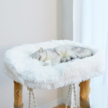 Contemporary Scandinavian Rectangular Particleboard Natural Fruitwood Hemp Rope Velvet Fabric Cat Tree 3-Tier For Living Room