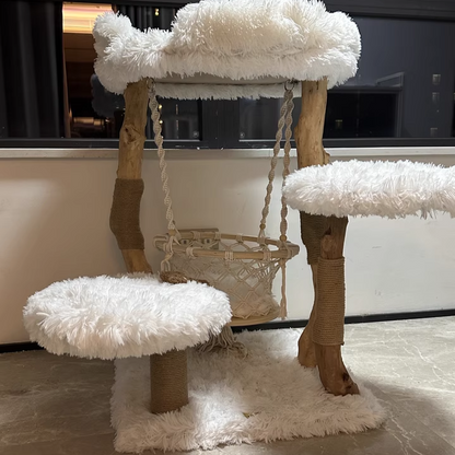 Contemporary Scandinavian Rectangular Particleboard Natural Fruitwood Hemp Rope Velvet Fabric Cat Tree 3-Tier For Living Room