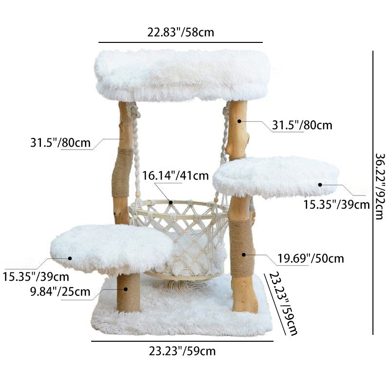 Contemporary Scandinavian Rectangular Particleboard Natural Fruitwood Hemp Rope Velvet Fabric Cat Tree 3-Tier For Living Room