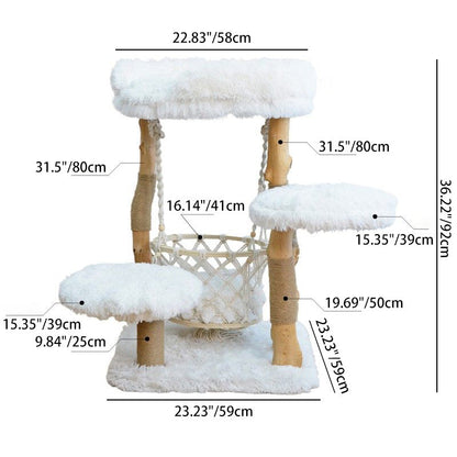 Contemporary Scandinavian Rectangular Particleboard Natural Fruitwood Hemp Rope Velvet Fabric Cat Tree 3-Tier For Living Room