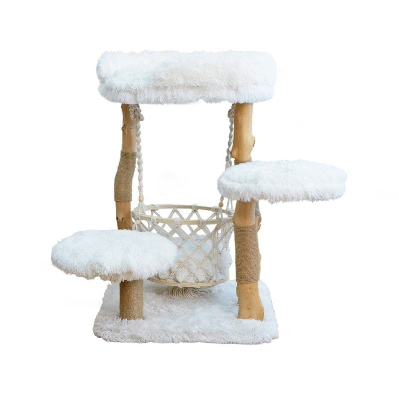 Contemporary Scandinavian Rectangular Particleboard Natural Fruitwood Hemp Rope Velvet Fabric Cat Tree 3-Tier For Living Room