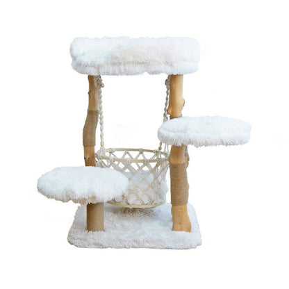 Contemporary Scandinavian Rectangular Particleboard Natural Fruitwood Hemp Rope Velvet Fabric Cat Tree 3-Tier For Living Room