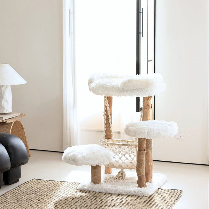 Contemporary Scandinavian Rectangular Particleboard Natural Fruitwood Hemp Rope Velvet Fabric Cat Tree 3-Tier For Living Room