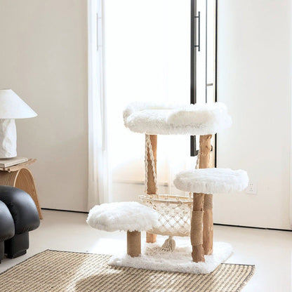 Contemporary Scandinavian Rectangular Particleboard Natural Fruitwood Hemp Rope Velvet Fabric Cat Tree 3-Tier For Living Room