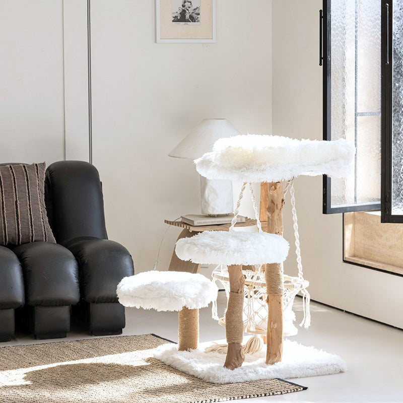 Contemporary Scandinavian Rectangular Particleboard Natural Fruitwood Hemp Rope Velvet Fabric Cat Tree 3-Tier For Living Room