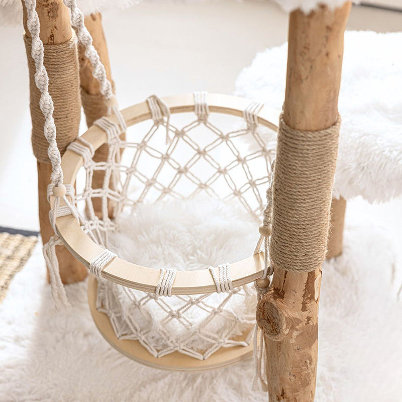 Contemporary Scandinavian Rectangular Particleboard Natural Fruitwood Hemp Rope Velvet Fabric Cat Tree 3-Tier For Living Room