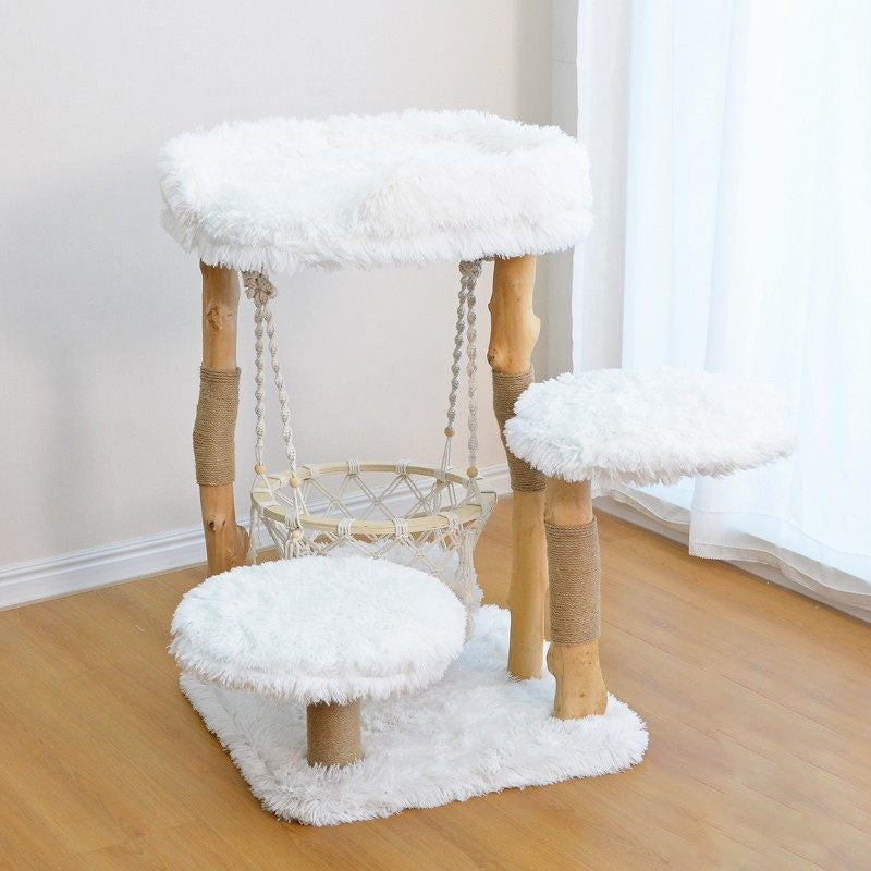 Contemporary Scandinavian Rectangular Particleboard Natural Fruitwood Hemp Rope Velvet Fabric Cat Tree 3-Tier For Living Room